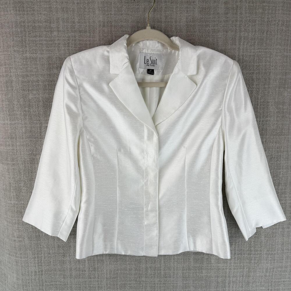 Le Suit Blazer Womens 8P White Short Collared Lined Button Taffeta Business